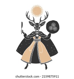 Woman shaman in deer costume. Vector illustration