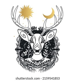 Woman shaman in deer mask. Vector hand drawn illustration