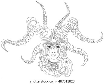 woman shaman wearing a helmet with horns