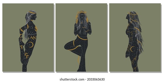 Woman in shamanic esoteric style. Ethnic girl with long hair, space, moon and stars. Set of illustrations design for taro, metaphorical cards, flyers. 