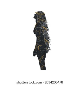 Woman In Shamanic Esoteric Style. Ethnic Girl With Long Hair, Space, Moon And Stars. Design For Taro, Metaphorical Card, Flyer