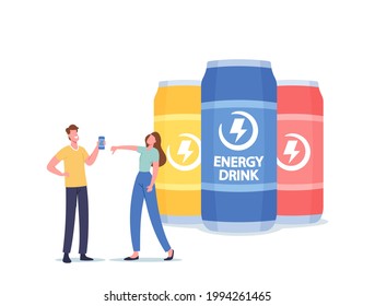 Woman Shaming Man who Drinking Energy Drinks. Tiny Male Character Addicted of Taurine or Caffeine Energetic Beverages. Gamer, Student or Businessman Drinking Soda. Cartoon People Vector Illustration