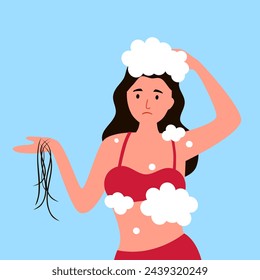 Woman shampoo her hair and found hair fall problem. Hair loss.