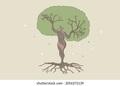 Woman shape being a natural forest tree. Vector concept illustration of nature and human balance by saving and protect nature.
