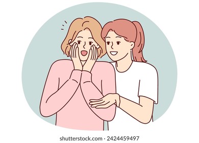 Woman shares gossip with friend by telling stories she read in tabloids or Internet. Girl is surprised to open mouth wide when she hears unexpected facts or sees attractive guy. Flat vector image