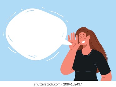 Woman shares information,speaks her mind. Young girl holding hand near mouth and gives a hint.Speech bubble with blank space.Vector flat illustration