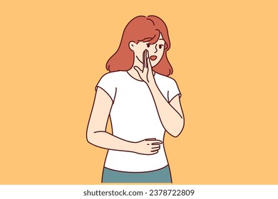 Woman shares secret information and puts hand near mouth to voice important message. Girl in casual clothes wants to gossip and tell about secret sale or way to save money on shopping