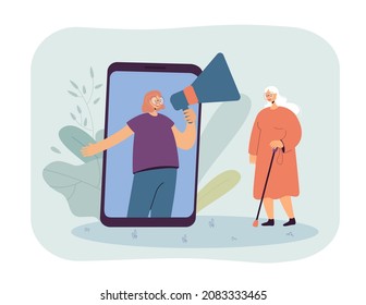 Woman Sharing Information With Grandmother Via Big Phone. Girl With Megaphone Making Announcement To Old Lady With Cane Flat Vector Illustration. Family, Marketing Concept For Banner Or Landing Page