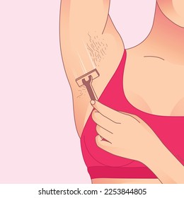 woman shaves hairy armpits. Female unshaved armpits, depilation, hair removal concept.