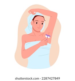 Woman shaving armpit, underarm hair removal infographic presentation vector illustration. Cartoon isolated portrait of girl holding razor with blades in hand to shave and care skin, hygiene procedure svg