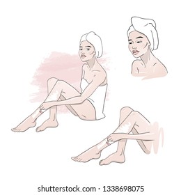 Woman shaving her leg with shaver. Fashion woman sketch. Beauty concept. Hand drawn vector illustration