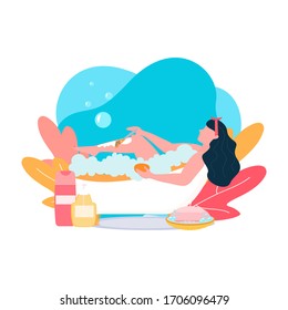 Woman shaving her legs in bathroom. Female character spend time in the bathtub. Self care. Relaxing at home. Vector illustration