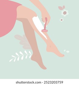 Woman shaving her legs. Hair removal. Body care, beauty, skincare, depilation concept. Young lady uses manual razor and does depilation. Happy girl shaves legs in bathroom. flat vector illustration