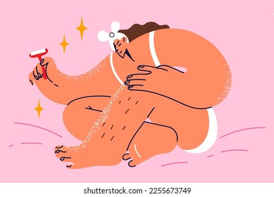 Woman shaving legs with razor after shower at home. Smiling girl do daily beauty procedures in bathroom after shower. Dermatology and wellbeing. Vector illustration. 