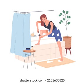 Woman shaving legs with razor in bathroom. Female removing unwanted hairs from body. Home depilation. Beauty and hygiene routine in bath room. Flat vector illustration isolated on white background