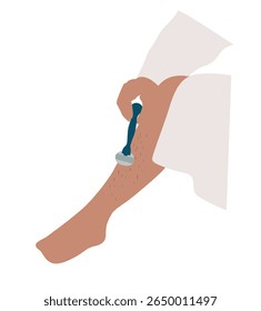 woman shaving legs. Woman wearing blue towel is shaving her leg 