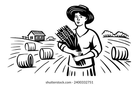 Woman with sheaf of wheat. Rural landscape young female