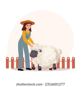 Woman with a sheep in flat vector cartoon style on white background. Farming sheep.