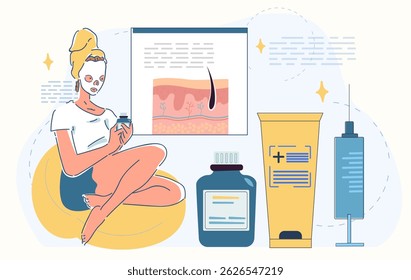 Woman with a sheet mask sits on beanbag holding skincare product, surrounded by cosmetic items, syringe, and skin cross-section chart. Vector illustration