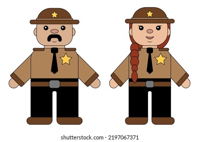 Woman Sheriff And Man Sheriff Vector Illustration. Cute Characters Isolated On White Background. Sheriff Mascots With Uniform. Lego-like Characters. 