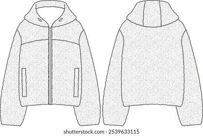 Woman Sherpa Zip Hoodie with welt pockets, loose fit, sketch front and back