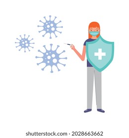 woman with shield between virus covid 19 cartoon. vector illustration