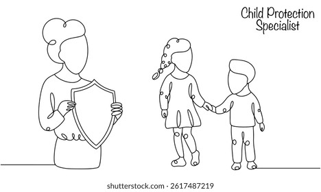 A woman with a shield and children. A government employee is engaged in protecting the rights and interests of children in difficult life situations, orphans or children left without parental care. 