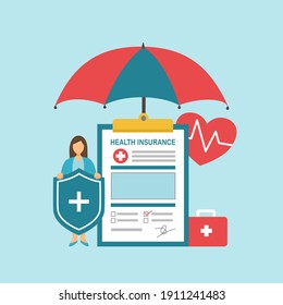 Woman With Shield, Health Insurance Form, And Medicine Under Big Umbrella In Flat Design. Health Insurance. Healthcare Concept.