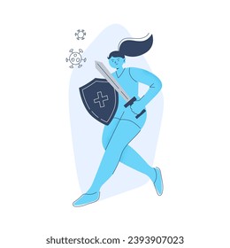 A woman with a shield and sword in her hands protects against viruses. A healthy habit and immunity support. Vector flat illustration isolated on a white background.