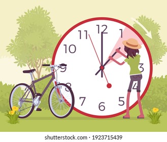 Woman shifting the clock for daylight savings time. Summer practice, advancing clocks during warmer months. Vector flat style cartoon illustration, grassland green scenery