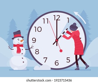 Woman shifting the clock for winter time. Coldest season of the year practice, advancing clocks during icy months. Vector flat style cartoon illustration, wonderful winter snowy scene