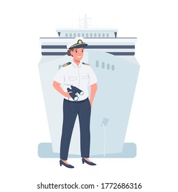 Woman ship captain flat color vector detailed character. Gender equality at workplace. Cheerful lady working as sailor isolated cartoon illustration for web graphic design and animation