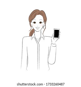 A woman in a shirt showing a smartphone with a smile