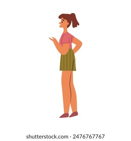 Woman in shirt skirt side view isolated flat cartoon character. Vector pretty girlfriend in modern outfit, trendy teenager or businesswoman office worker, vector illustration