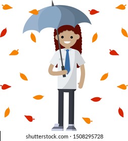 Woman in a shirt and tie stands under a blue umbrella. Protection from rain and autumn weather. Office worker. Leaf fall with yellow and red leaves