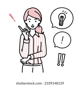 a woman in shirt work style getting a great idea standing with pointing hand gesture light bulb and exclamation symbol set