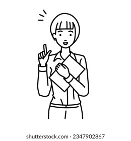 a woman in shirt work style getting ideas standing with document pointing hand gesture