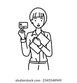 a woman in shirt work style holding a credit card and a document file laptop