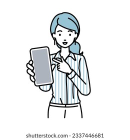 a woman in shirt work style recommending, proposing, showing and pointing smart phone mock-up screen with a smile