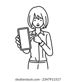 a woman in shirt work style recommending, proposing, showing and pointing smart phone mock-up screen with a smile