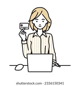 a woman in shirt work style using laptop computer getting ideas with pointing hand gesture at her desk