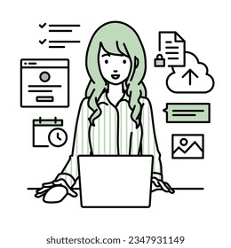 a woman in shirt work style using laptop computer for browsing web sites, researching, sharing files on cloud, scheduling, managing projects, organizing tasks, and communicating with team at her desk