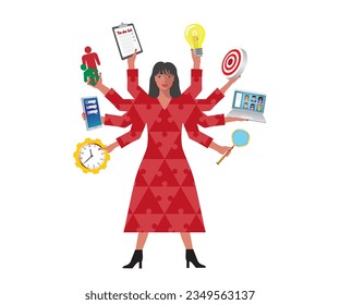 Woman as Shiva, multitasking. Isolated. Vector illustration.