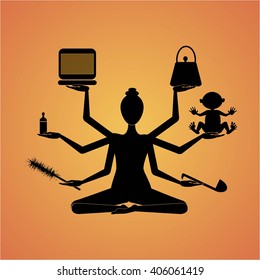 Woman Shiva With Six Hands, Silhouette Of A Multitasking Woman