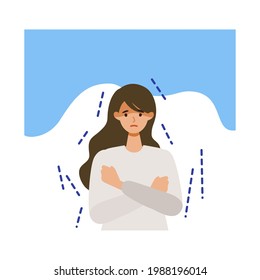 Woman shivering after getting her COVID-19 vaccine. Concept for side effects of coronavirus vaccine. Flat vector illustration.