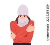 Woman shivering in chilling cold winter season weather. Winter season.Cold Weather, Freeze. Flat vector illustration isolated on white background