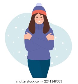 Woman shivering in chilling cold winter season weather. Winter season.Cold Weather, Freeze. Vector illustration