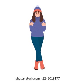 Woman shivering in chilling cold winter season weather. Winter season.Cold Weather, Freeze. Vector illustration