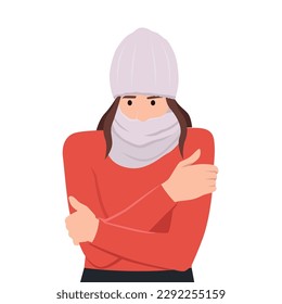 Woman shivering in chilling cold winter season weather. Winter season.Cold Weather, Freeze. Flat vector illustration isolated on white background