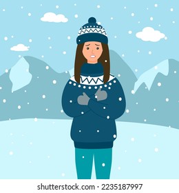 Woman shivering from cold weather among falling snow in flat design. Winter season.